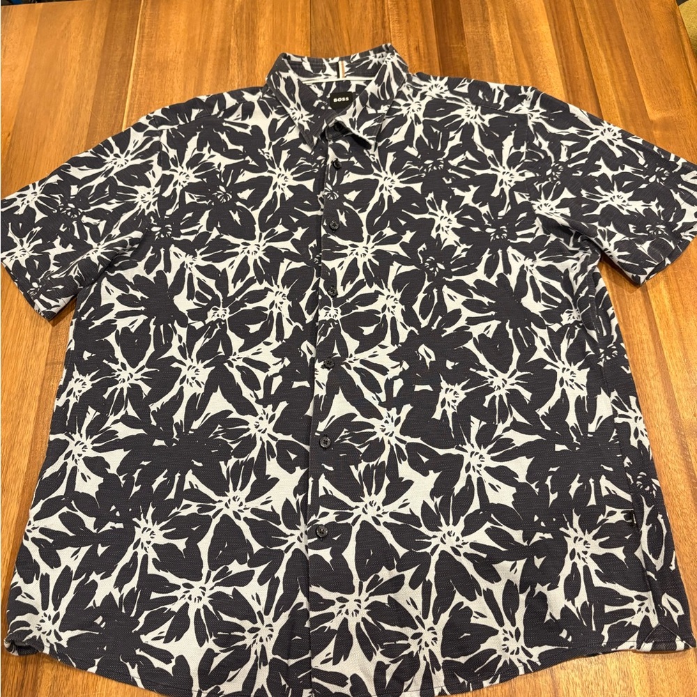Hugo Boss BOSS Slim Fit Floral Button Up Shirt Black Gray Short Sleeve XXL